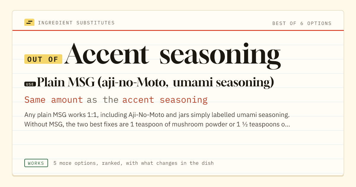 Accent seasoning substitute: use plain MSG (aji-no-Moto, umami seasoning). Same amount as the accent seasoning.