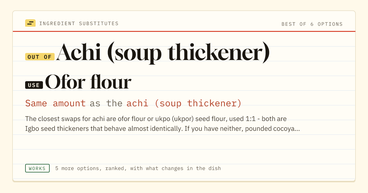Achi (soup thickener) substitute: use ofor flour. Same amount as the achi (soup thickener).