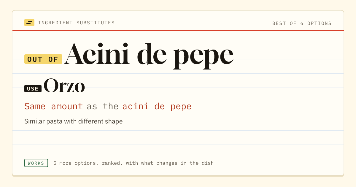 Acini de pepe substitute: use orzo. Same amount as the acini de pepe.