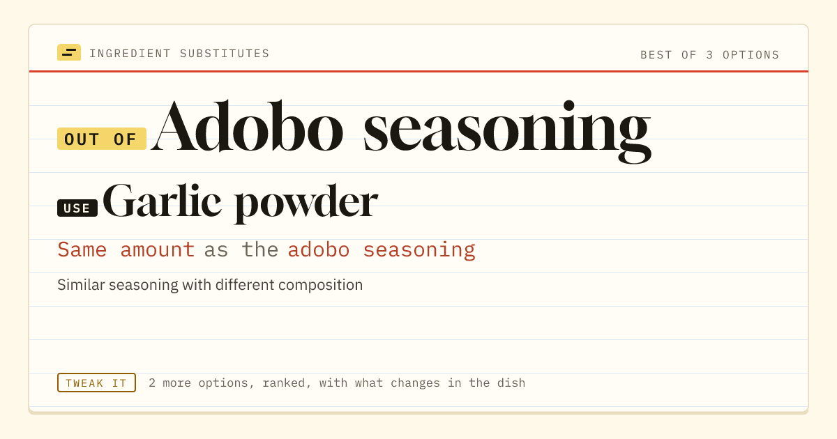 Adobo seasoning substitute: use garlic powder. Same amount as the adobo seasoning.