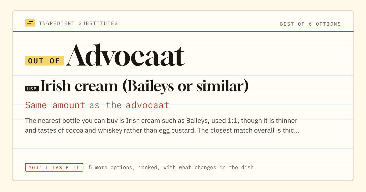 Advocaat substitute: use Irish cream (Baileys or similar). Same amount as the advocaat.