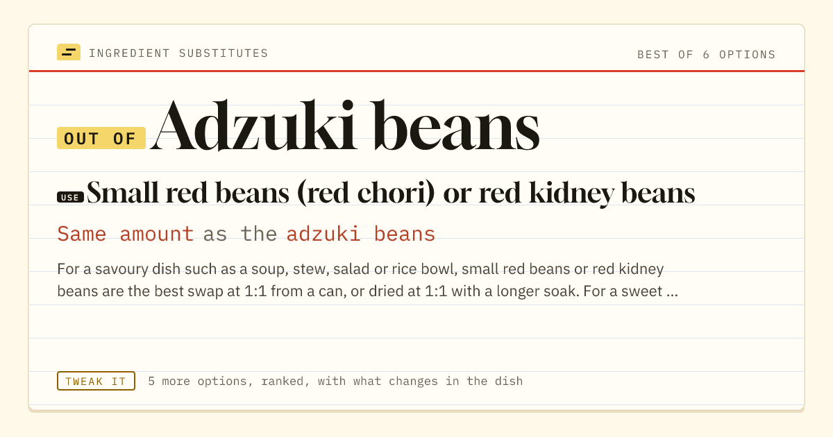 Adzuki beans substitute: use small red beans (red chori) or red kidney beans. Same amount as the adzuki beans.