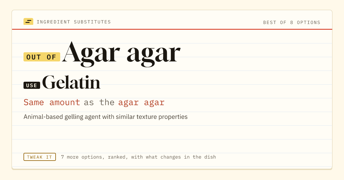 Agar agar substitute: use gelatin. Same amount as the agar agar.
