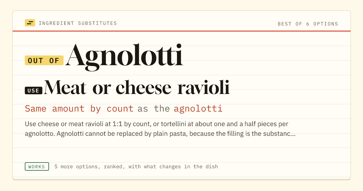 Agnolotti substitute: use meat or cheese ravioli. Same amount by count as the agnolotti.