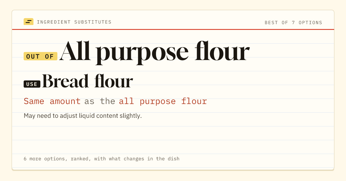 All purpose flour substitute: use bread flour. Same amount as the all purpose flour.