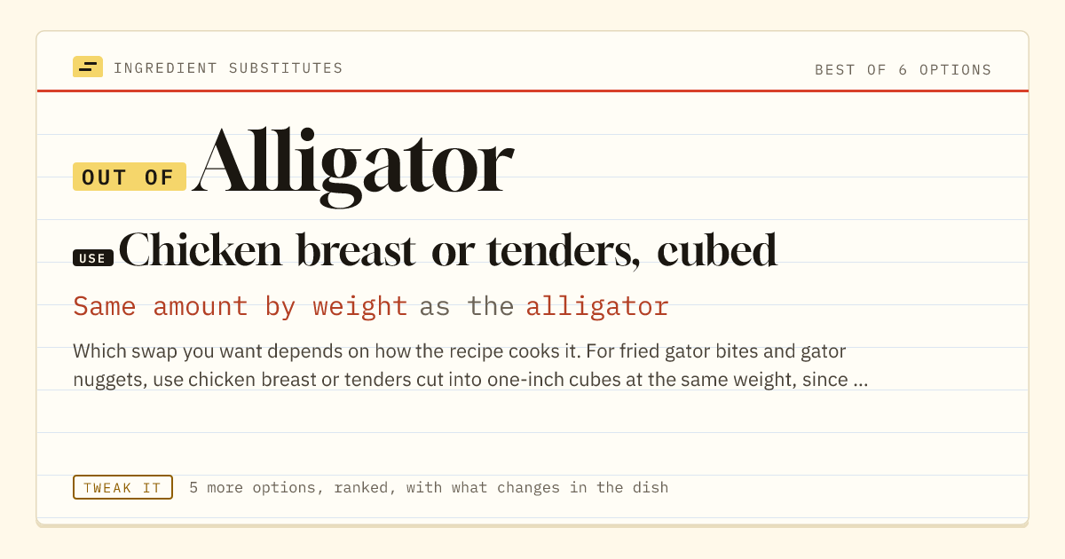 Alligator substitute: use chicken breast or tenders, cubed. Same amount by weight as the alligator.