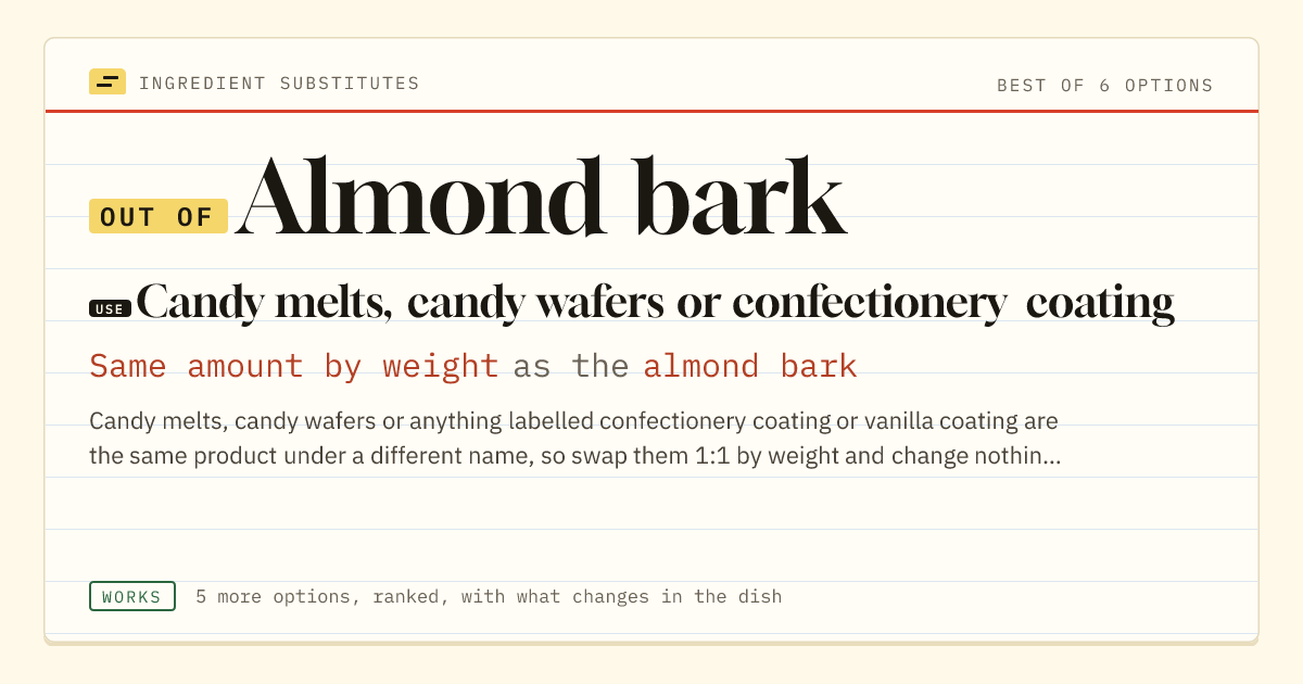 Almond bark substitute: use candy melts, candy wafers or confectionery coating. Same amount by weight as the almond bark.