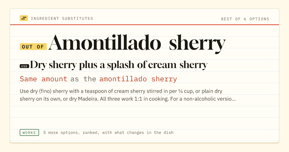 Amontillado sherry substitute: use dry sherry plus a splash of cream sherry. Same amount as the amontillado sherry.