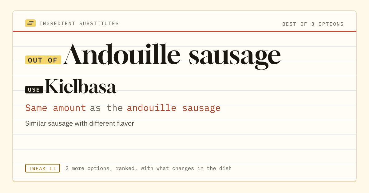 Andouille sausage substitute: use kielbasa. Same amount as the andouille sausage.