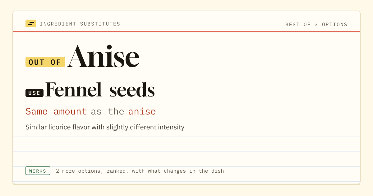 Anise substitute: use fennel seeds. Same amount as the anise.