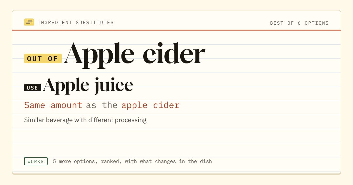 Apple cider substitute: use apple juice. Same amount as the apple cider.