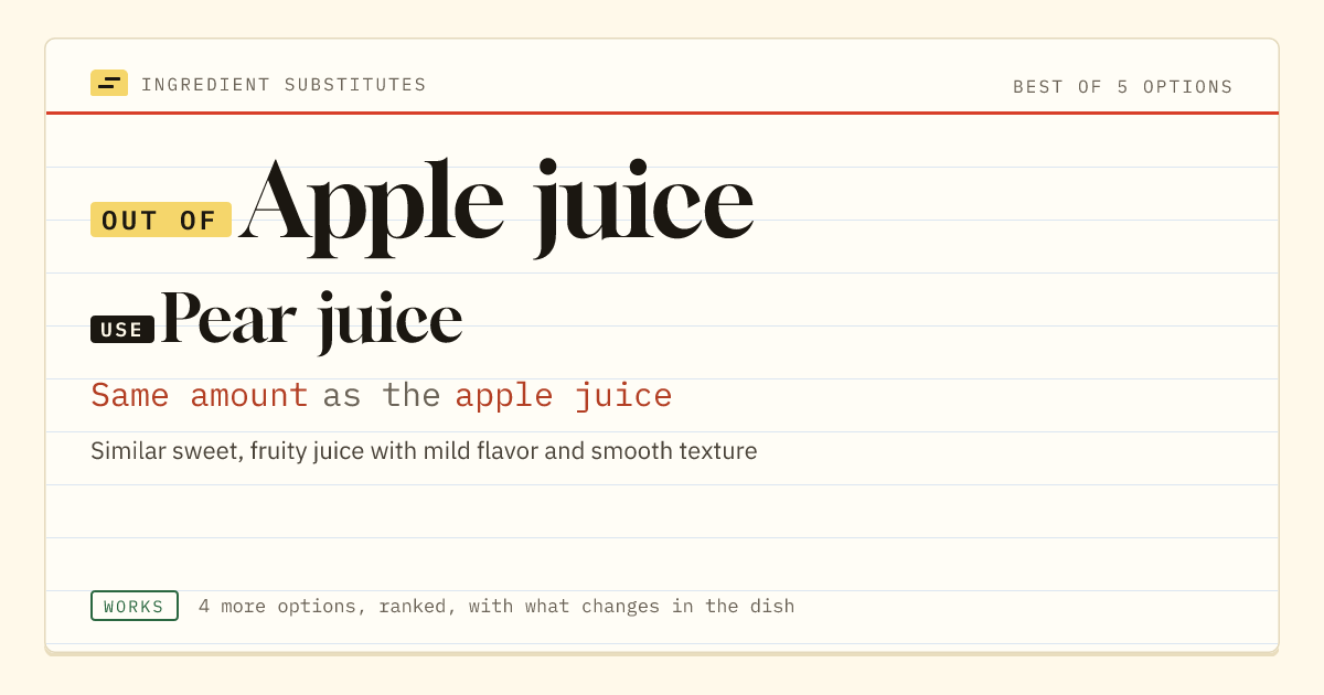Apple juice substitute: use pear juice. Same amount as the apple juice.