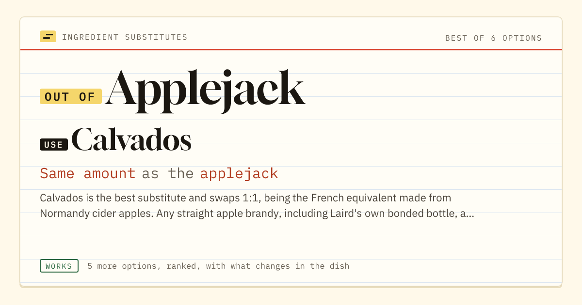 Applejack substitute: use Calvados. Same amount as the applejack.