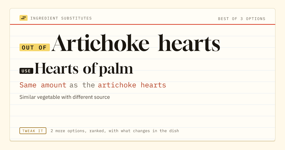 Artichoke hearts substitute: use hearts of palm. Same amount as the artichoke hearts.