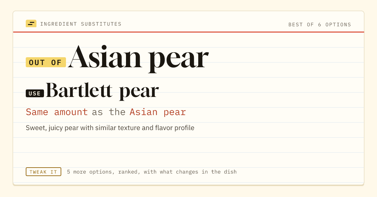Asian pear substitute: use Bartlett pear. Same amount as the Asian pear.