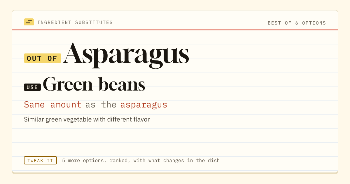 Asparagus substitute: use green beans. Same amount as the asparagus.
