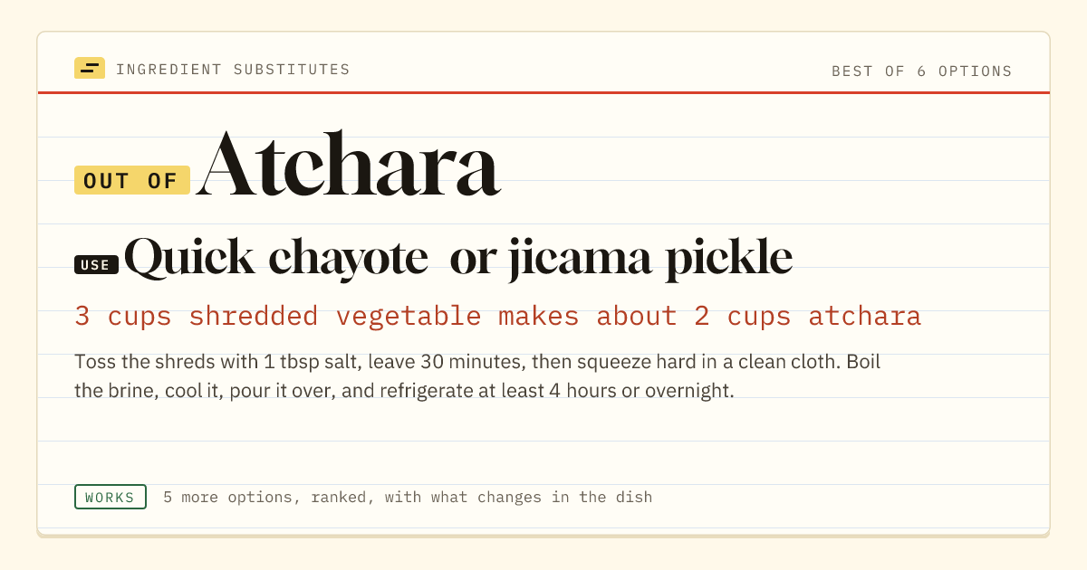 Atchara substitute: use quick chayote or jicama pickle. 3 cups shredded vegetable makes about 2 cups atchara.