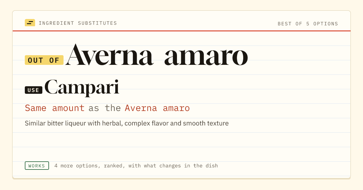 Averna amaro substitute: use Campari. Same amount as the Averna amaro.