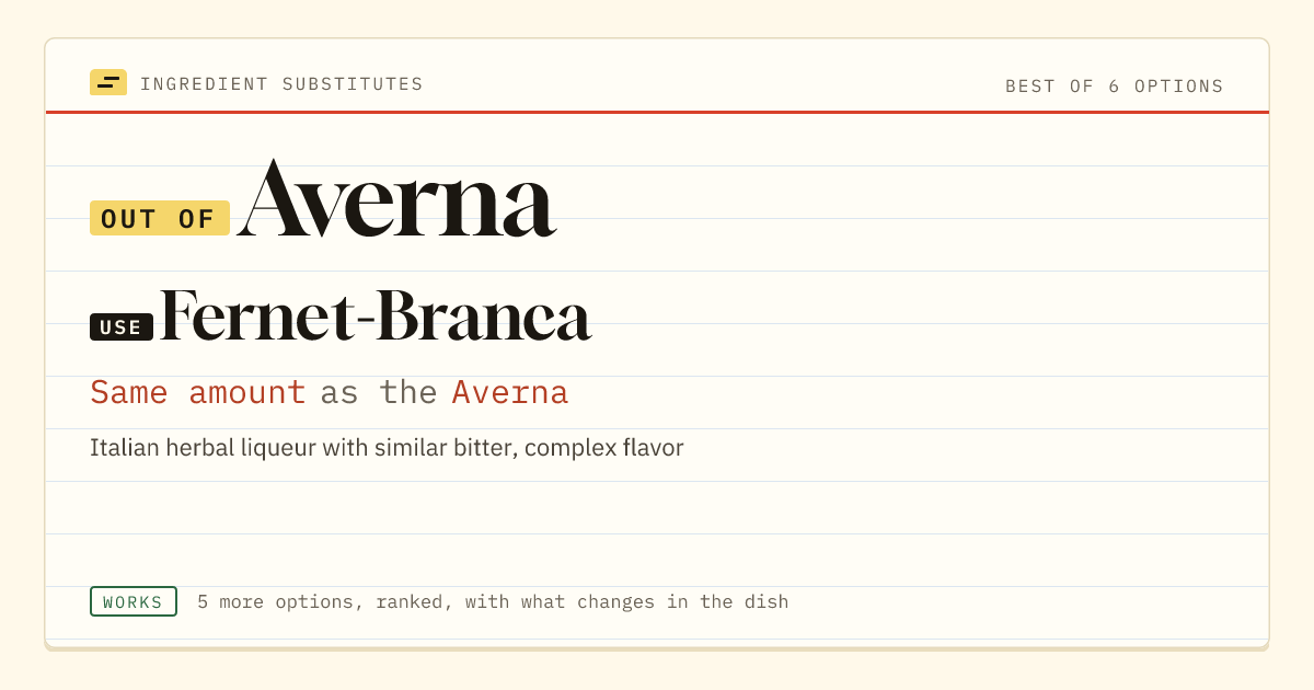 Averna substitute: use Fernet-Branca. Same amount as the Averna.