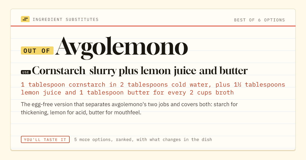 Avgolemono substitute: use cornstarch slurry plus lemon juice and butter.