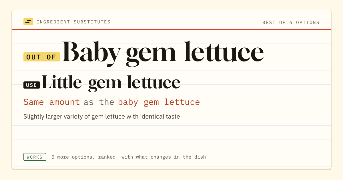 Baby gem lettuce substitute: use little gem lettuce. Same amount as the baby gem lettuce.