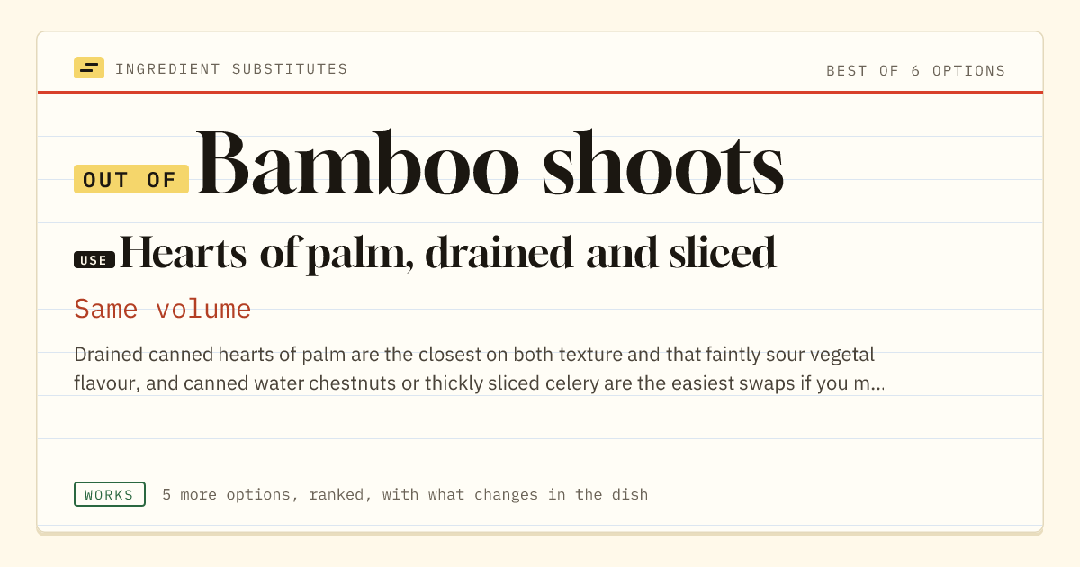Bamboo shoots substitute: use hearts of palm, drained and sliced. Same volume.