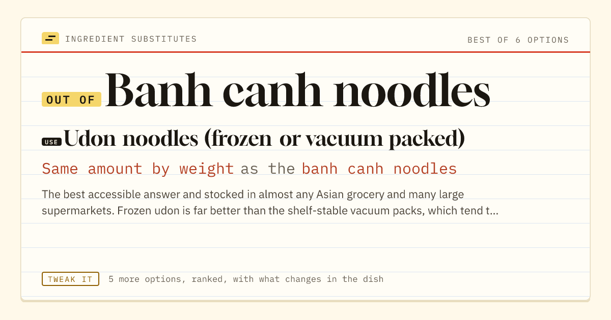 Banh canh noodles substitute: use udon noodles (frozen or vacuum packed). Same amount by weight as the banh canh noodles.