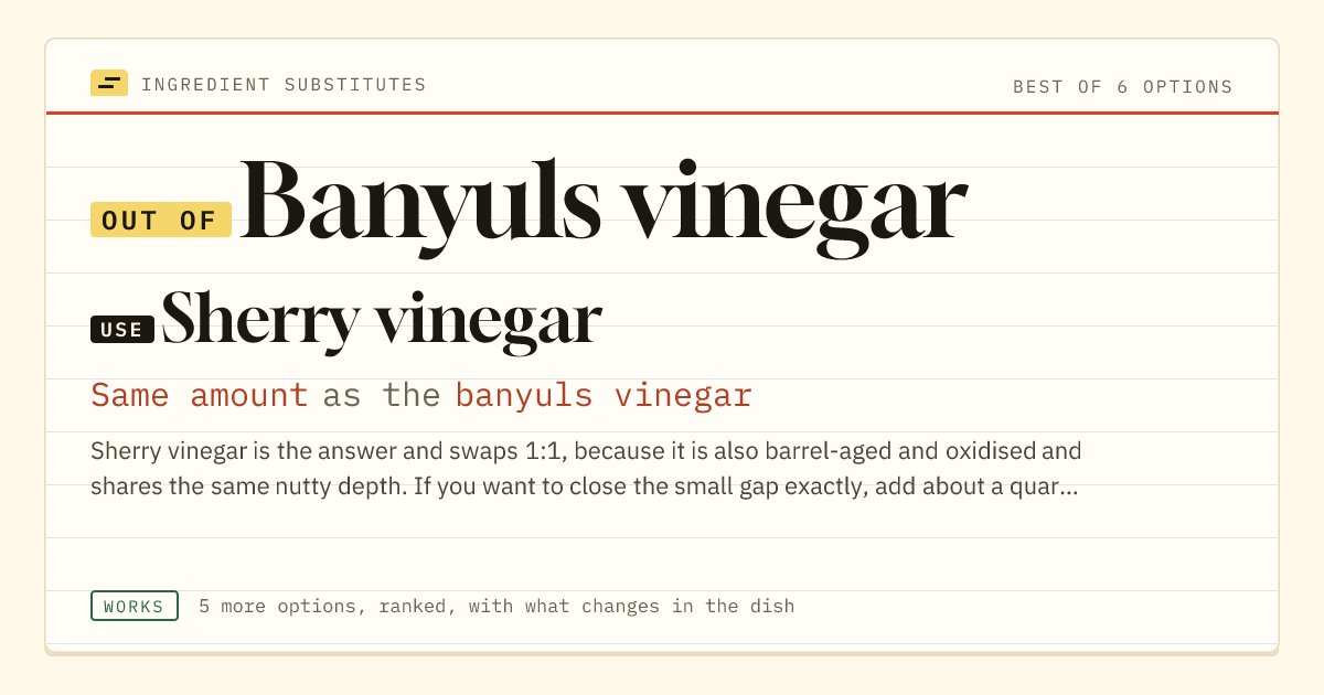 Banyuls vinegar substitute: use sherry vinegar. Same amount as the banyuls vinegar.