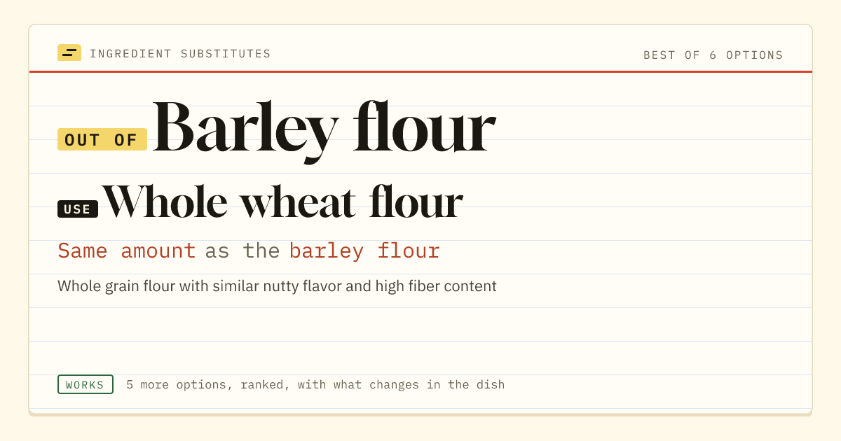 Barley flour substitute: use whole wheat flour. Same amount as the barley flour.