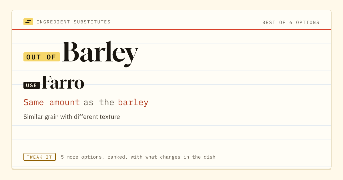 Barley substitute: use farro. Same amount as the barley.
