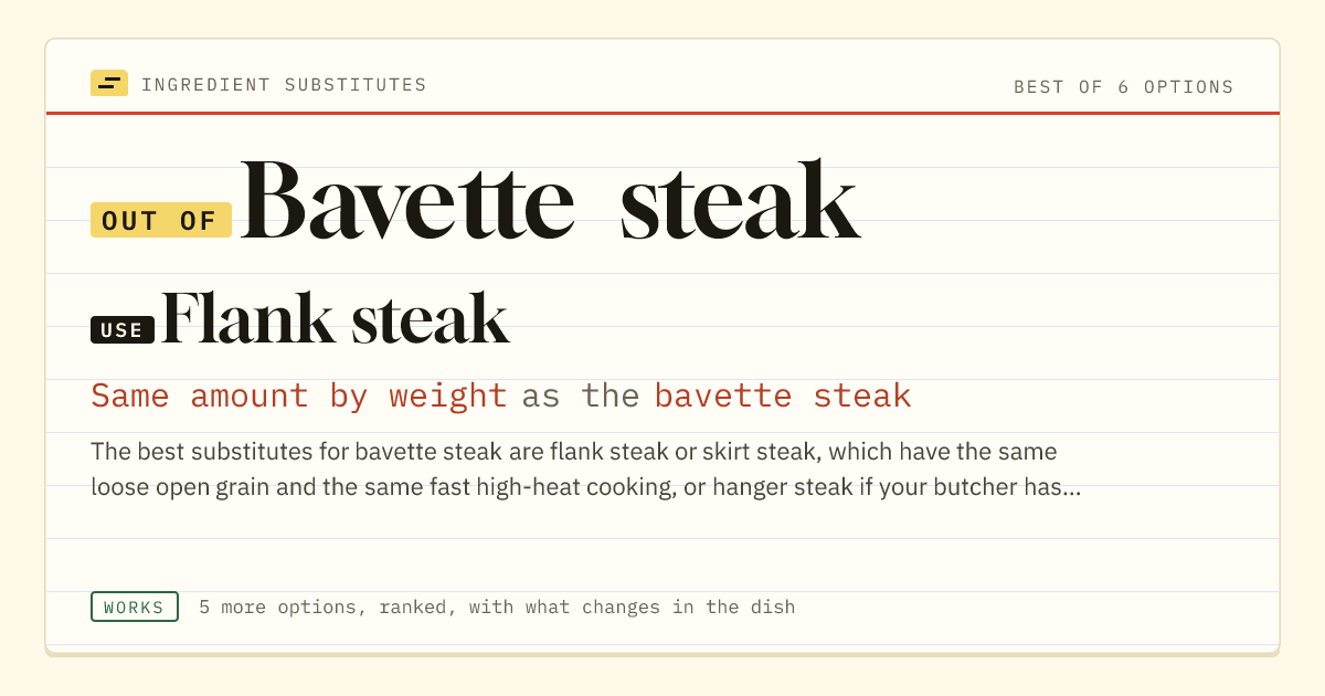 Bavette steak substitute: use flank steak. Same amount by weight as the bavette steak.