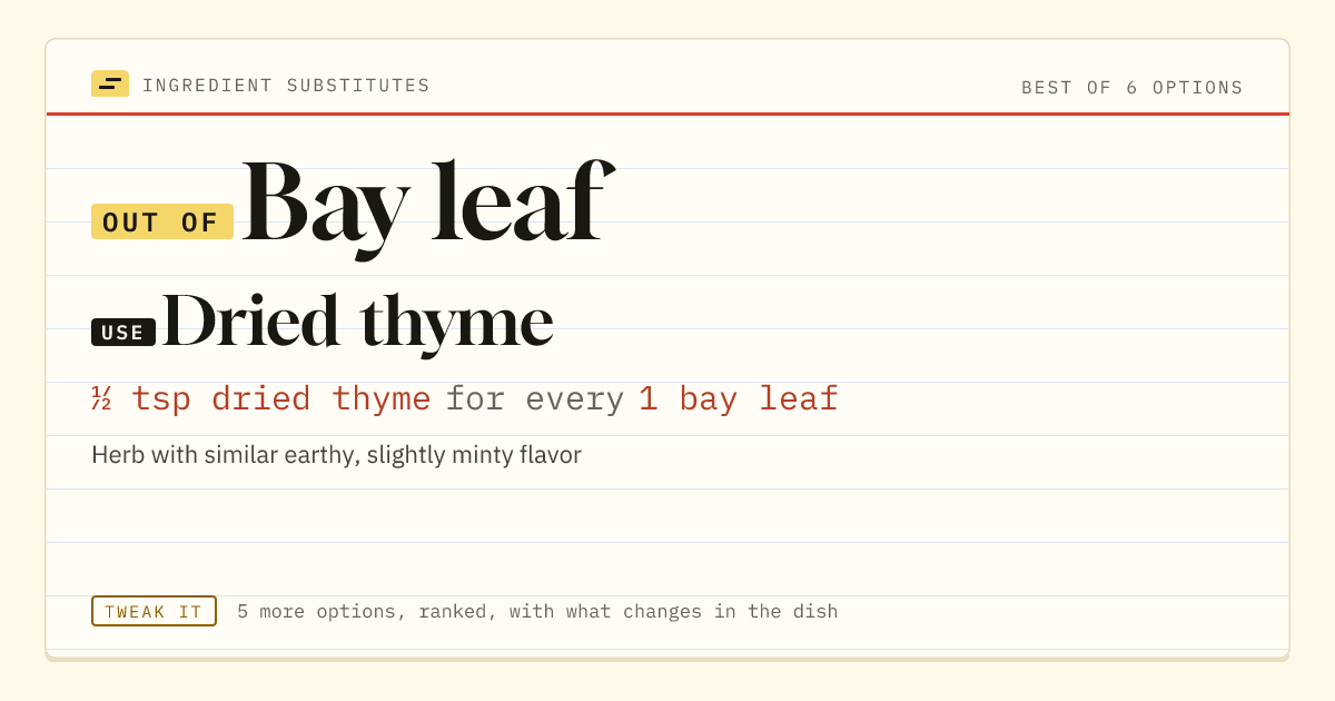 Bay leaf substitute: use dried thyme. ½ tsp dried thyme for every 1 bay leaf.