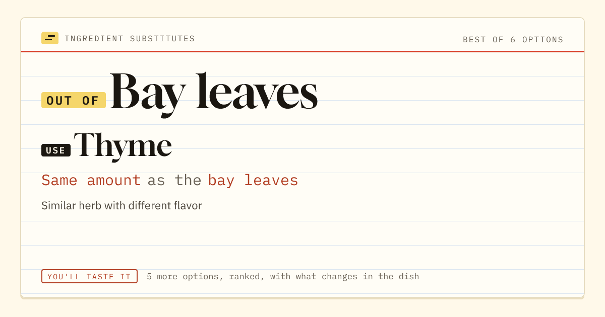 Bay leaves substitute: use thyme. Same amount as the bay leaves.