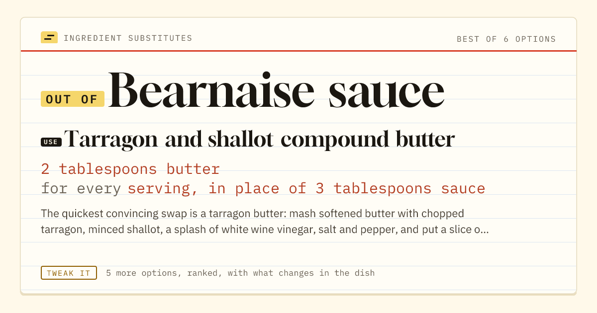 Bearnaise sauce substitute: use tarragon and shallot compound butter. 2 tablespoons butter for every serving, in place of 3 tablespoons sauce.
