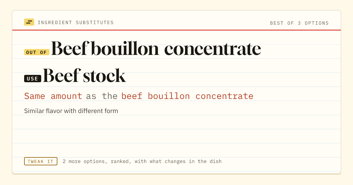 Beef bouillon concentrate substitute: use beef stock. Same amount as the beef bouillon concentrate.