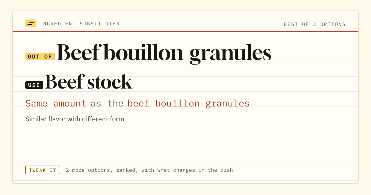 Beef bouillon granules substitute: use beef stock. Same amount as the beef bouillon granules.