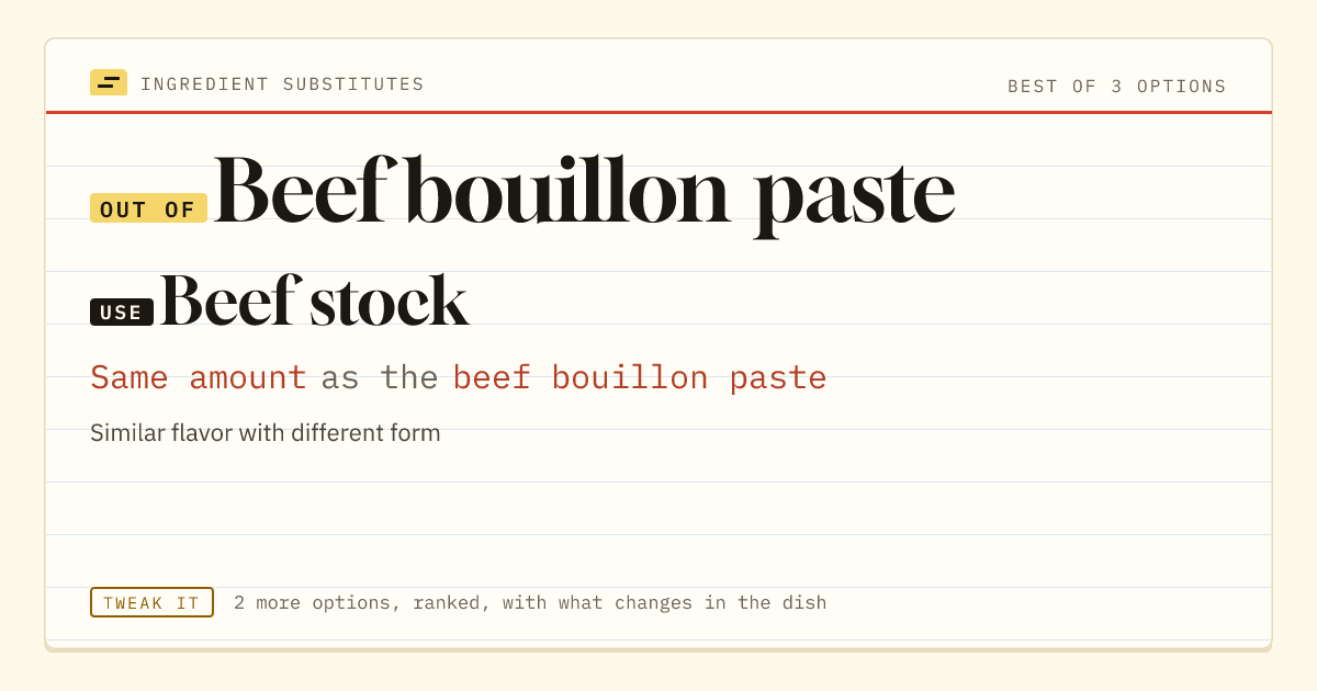 Beef bouillon paste substitute: use beef stock. Same amount as the beef bouillon paste.