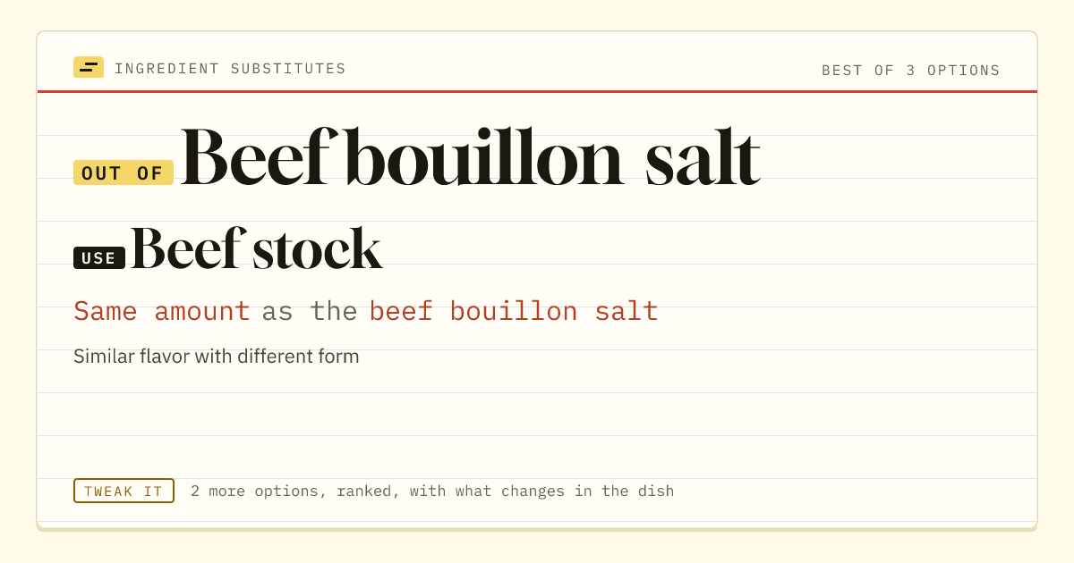 Beef bouillon salt substitute: use beef stock. Same amount as the beef bouillon salt.