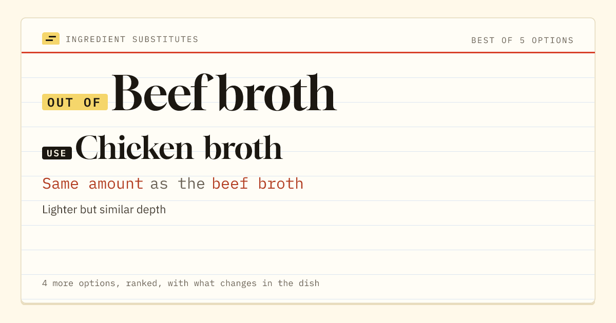 Beef broth substitute: use chicken broth. Same amount as the beef broth.
