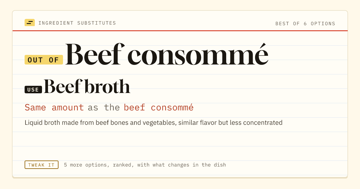 Beef consommé substitute: use beef broth. Same amount as the beef consommé.