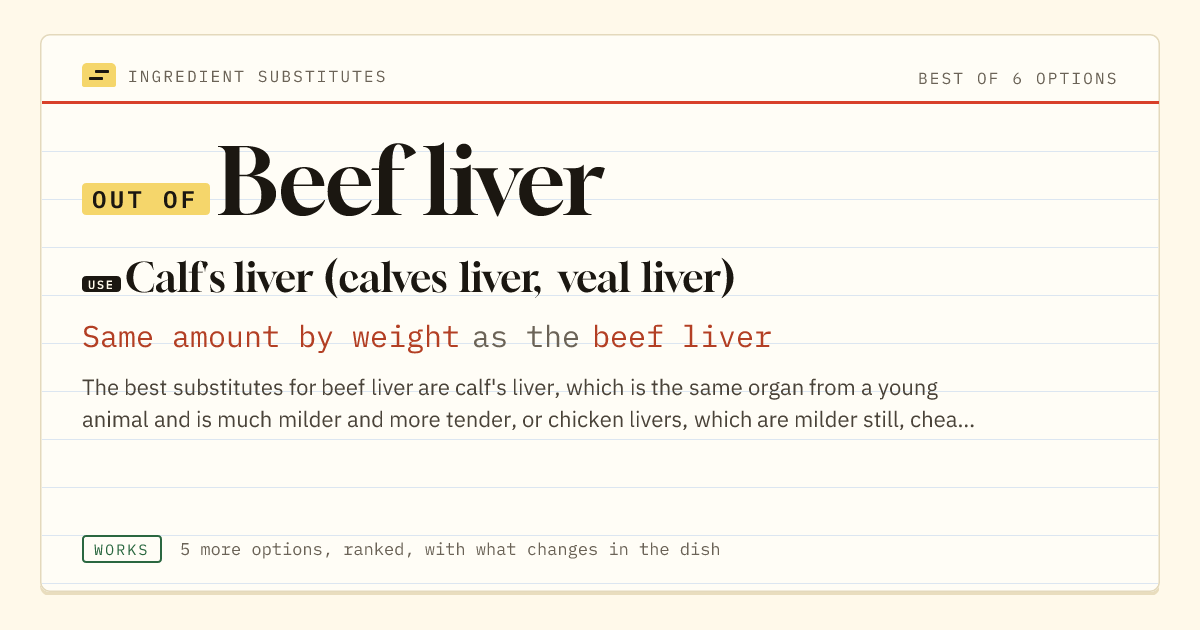 Beef liver substitute: use calf's liver (calves liver, veal liver). Same amount by weight as the beef liver.