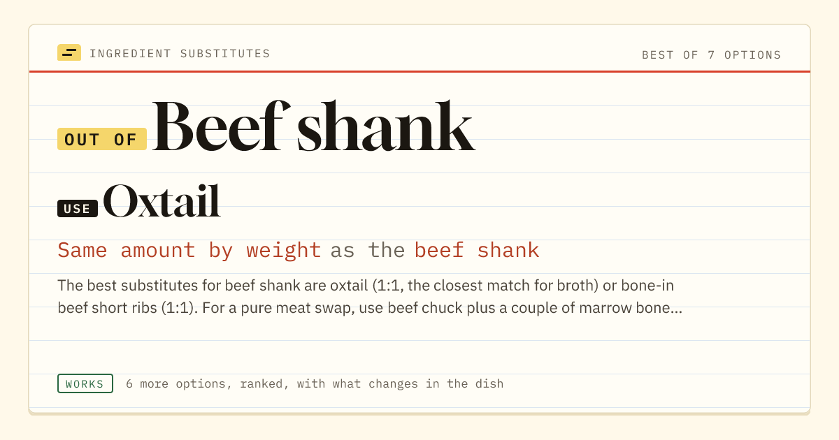 Beef shank substitute: use oxtail. Same amount by weight as the beef shank.