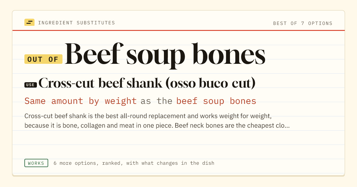 Beef soup bones substitute: use cross-cut beef shank (osso buco cut). Same amount by weight as the beef soup bones.