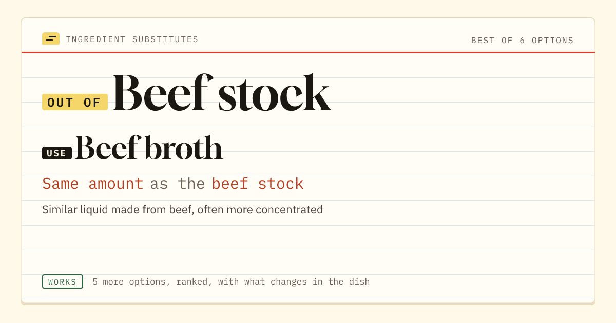 Beef stock substitute: use beef broth. Same amount as the beef stock.