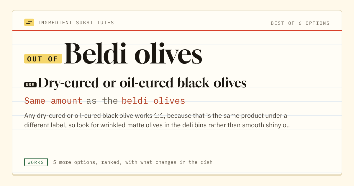 Beldi olives substitute: use dry-cured or oil-cured black olives. Same amount as the beldi olives.