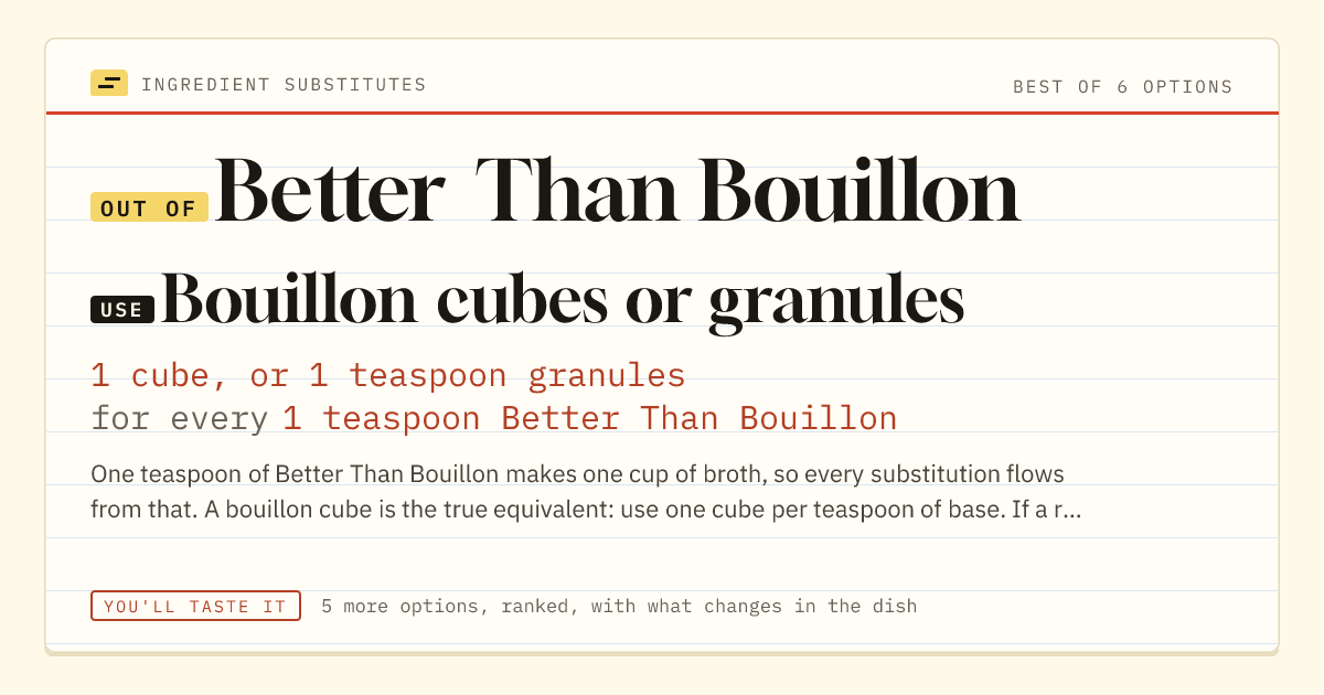 Better Than Bouillon substitute: use bouillon cubes or granules. 1 cube, or 1 teaspoon granules for every 1 teaspoon Better Than Bouillon.