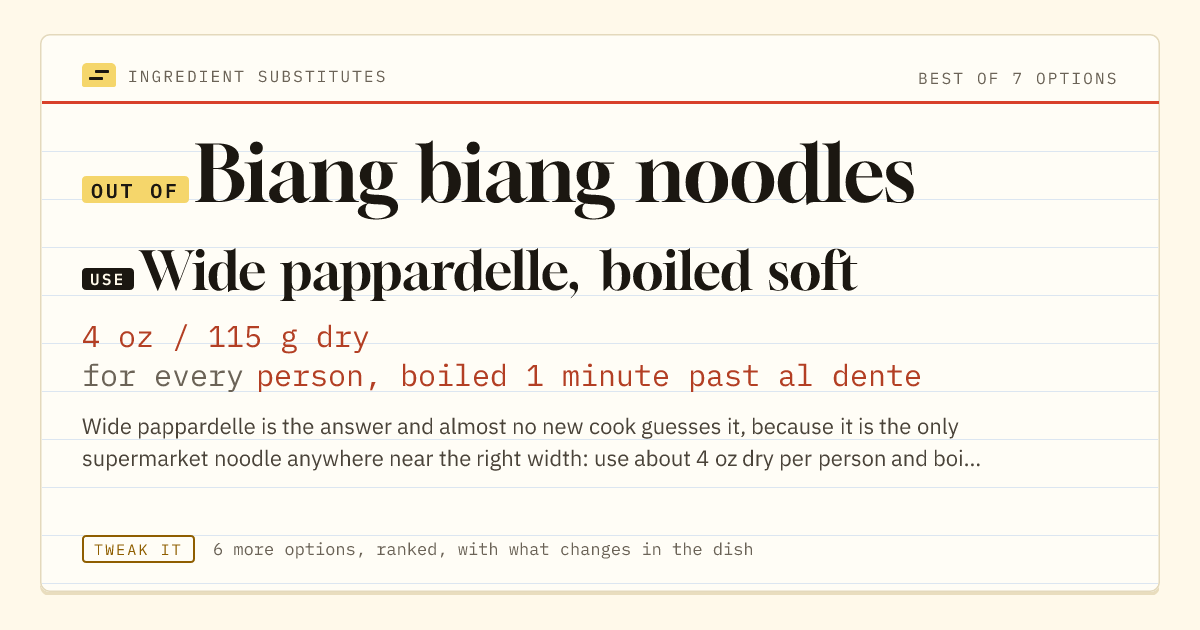 Biang biang noodles substitute: use wide pappardelle, boiled soft. 4 oz / 115 g dry for every person, boiled 1 minute past al dente.