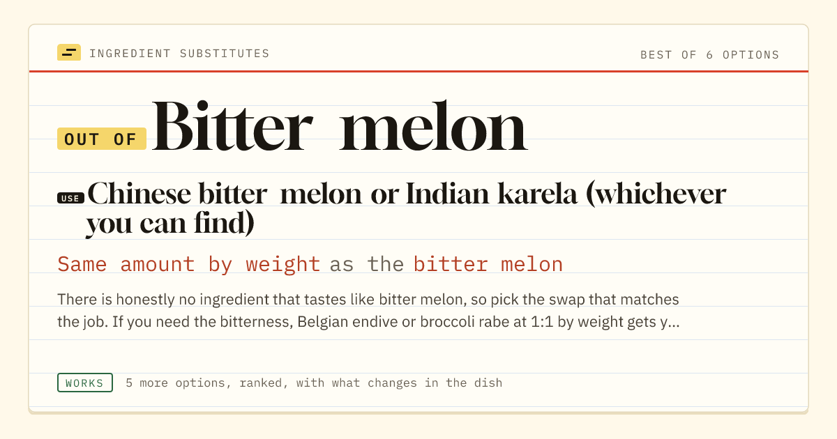 Bitter melon substitute: use Chinese bitter melon or Indian karela (whichever you can find). Same amount by weight as the bitter melon.