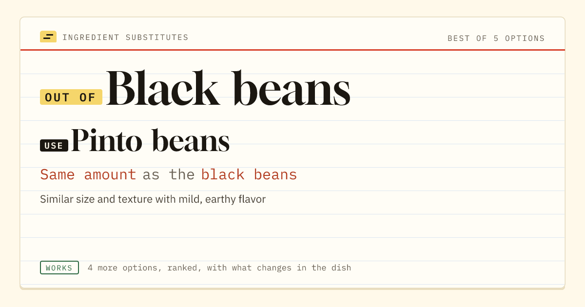 Black beans substitute: use pinto beans. Same amount as the black beans.