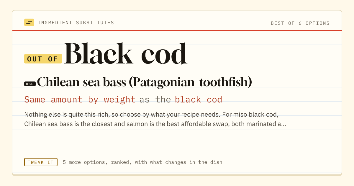 Black cod substitute: use Chilean sea bass (Patagonian toothfish). Same amount by weight as the black cod.